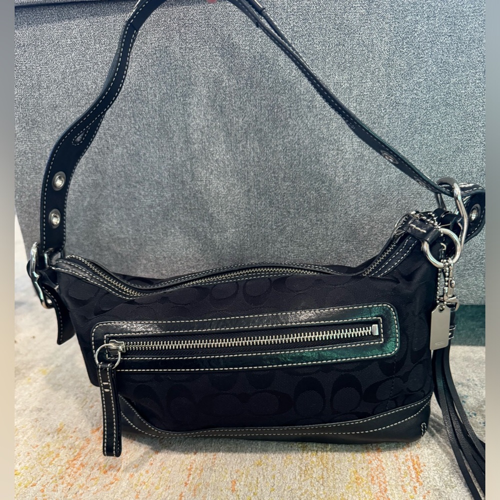 Coach East West Signature black leather and jacquard hobo purse G04U-9363